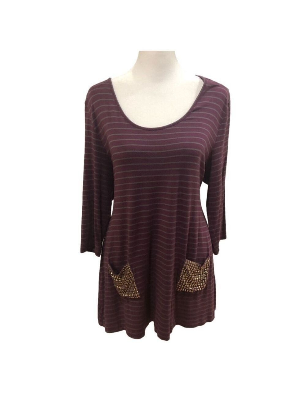 SOFT Surroundings PL long sleeve striped shirt with studded pockets.
